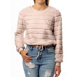 Almost Famous Women’s Fuzzy Fur Crew Neck Drawstring Waist Pullover Blush Size M